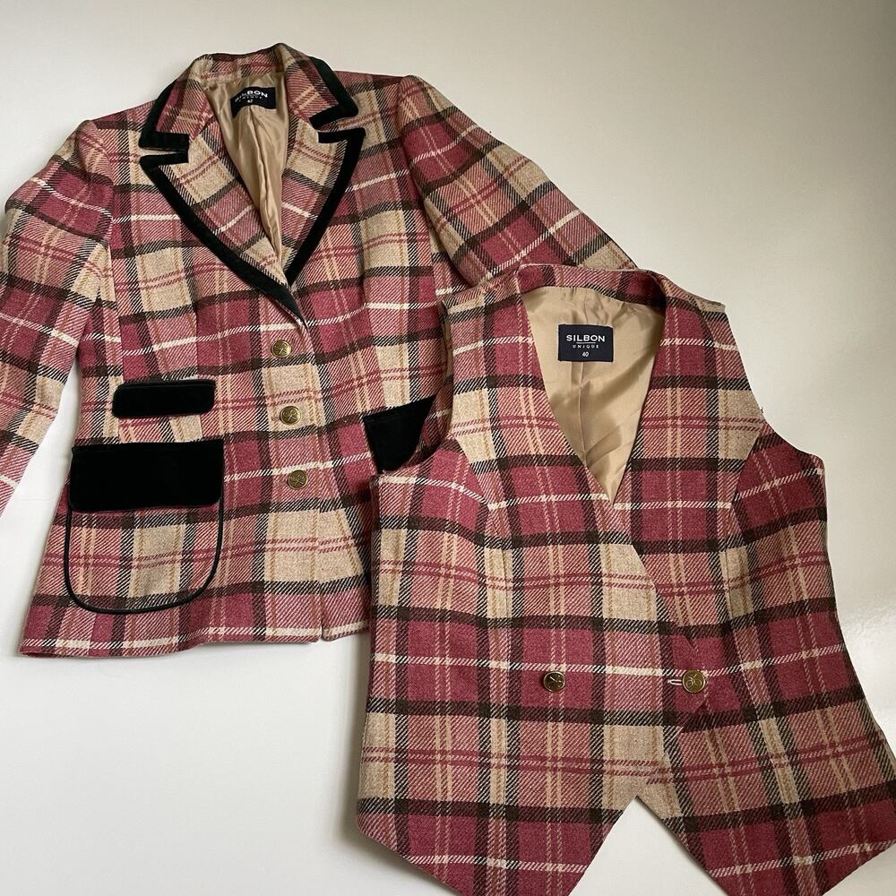 Vintage Silbon Spain Plaid Suit Set Blazer Vest 40 Burgundy Tartan Wool Academia